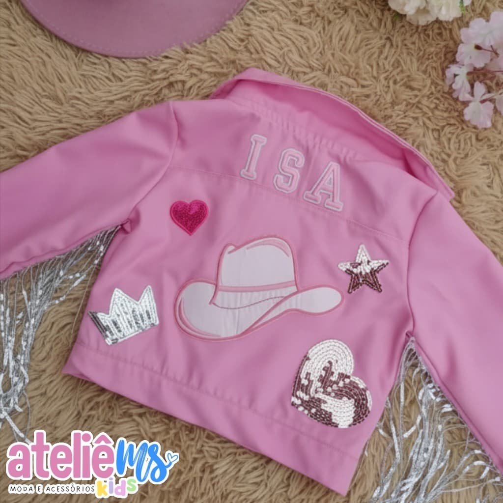 Jaqueta Infantil Boiadeira Rosa com Franja de Paetê Personalizada com Nome - Moda Kids Exclusiva | Jaqueta Ana Castela