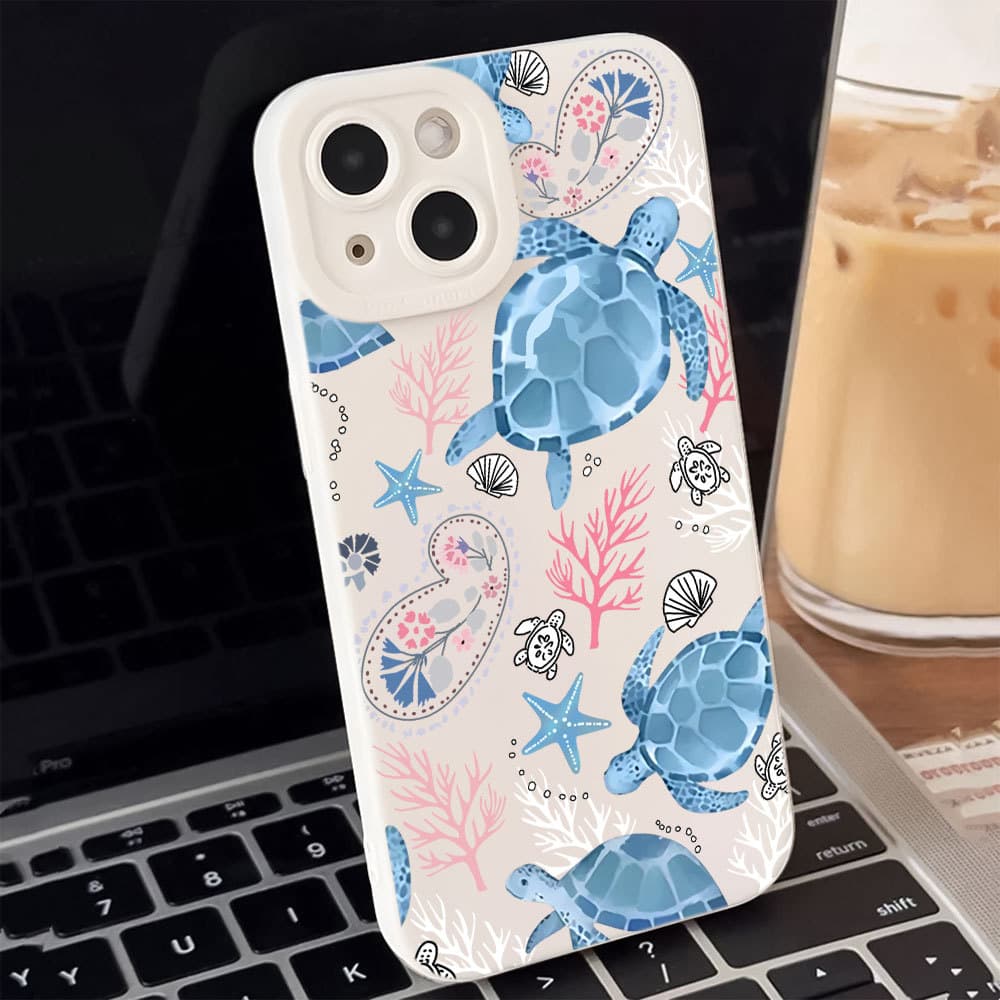 Capa De Tartaruga Azul Capinha Para iPhone 13 12 11 Pro XS Max XR 7 8 Plus SE Fosco Silicone Proteção De Lente Anti-Impa