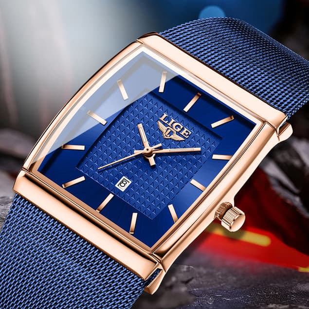 LIGE Relógio Masculino Nova Moda Quadrado Casual Malha Pulseira Relógios De Quartzo À Prova D'água