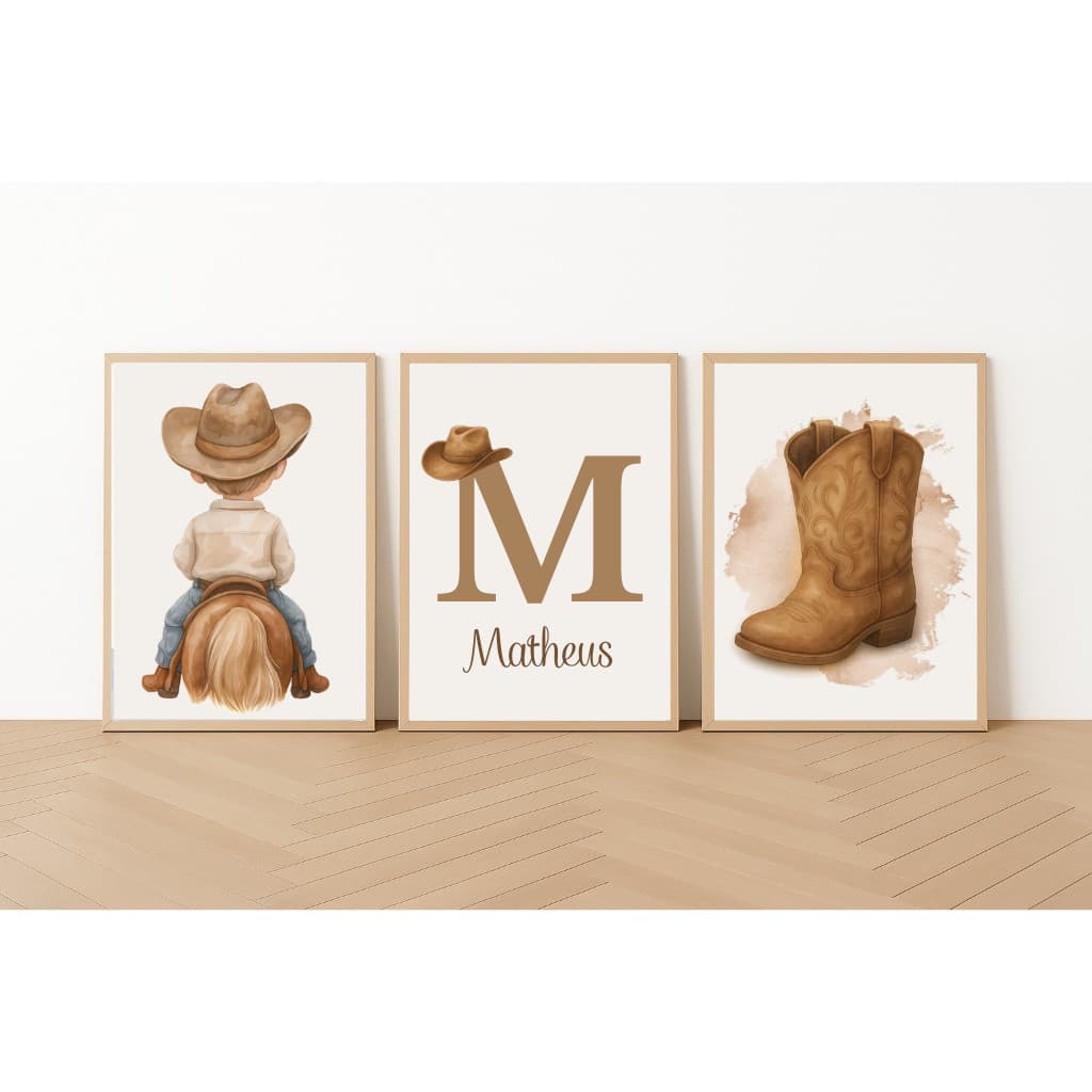 Quadros Decorativos Cavalo Cowboy Nome Personalizado Aquarela Botina Chapéu Letra Criança Infantil Bebê Cavalinho
