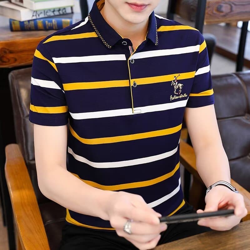 Camiseta POLO de manga curta masculina tendência de verão Slim-fit lapela listrada bordada camisa Paul inferior
