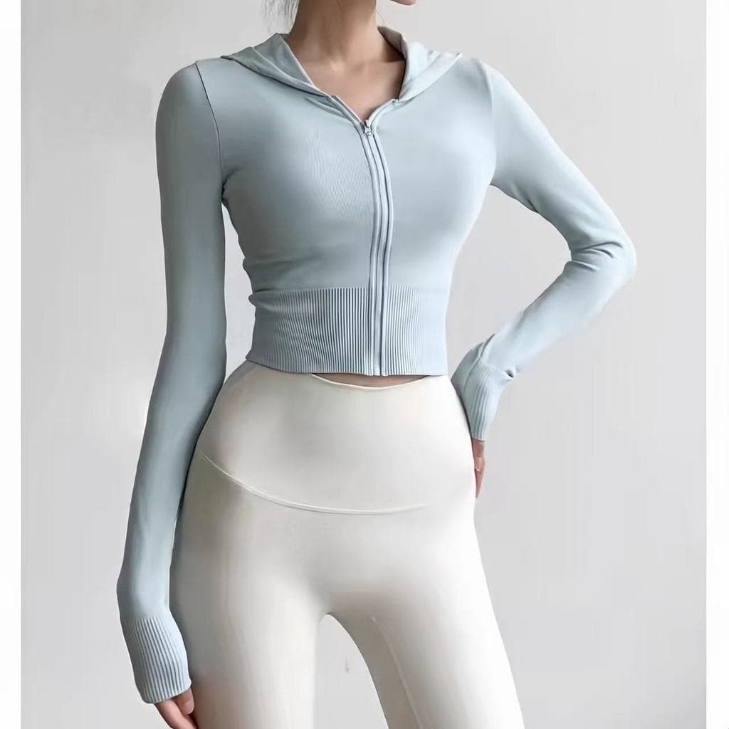 Vitalidade All-Match com capuz menina outono Yoga manga comprida exterior usar curto zíper Cardigan respirável jaqueta d