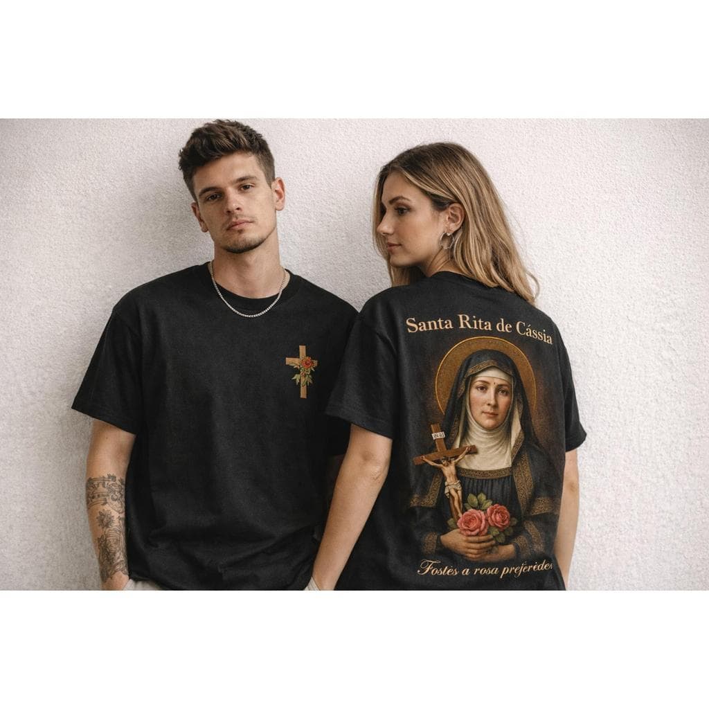 Camiseta Santa Rita de Cássia Católica | Cruz com Rosa | Estampa Religiosa Premium Unissex pecador que nunca desiste