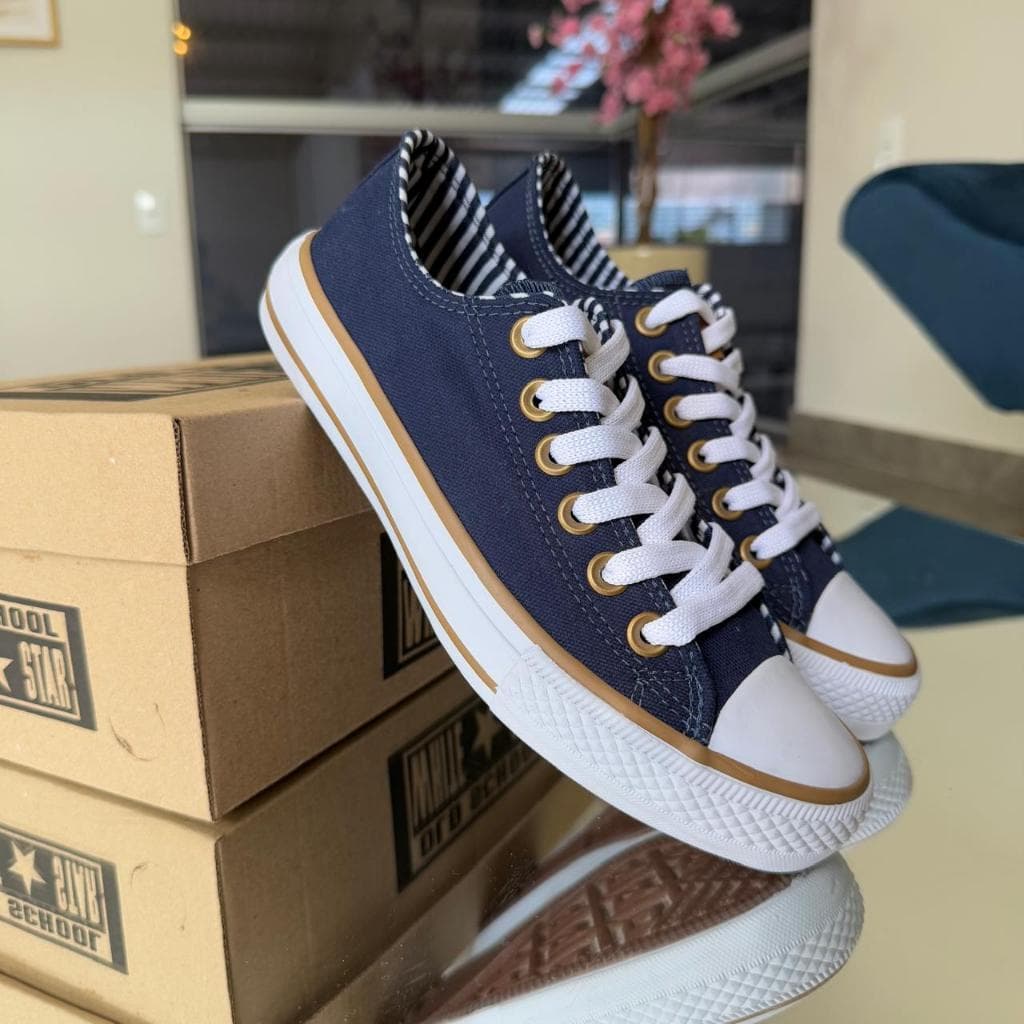 tenis cano baixo jeans marinho listrado brilho tradicional