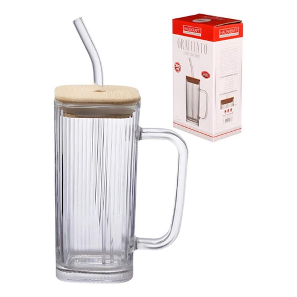 Caneca De Vidro Copo Quadrado Com Tampa Bambu E Canudo 290ml