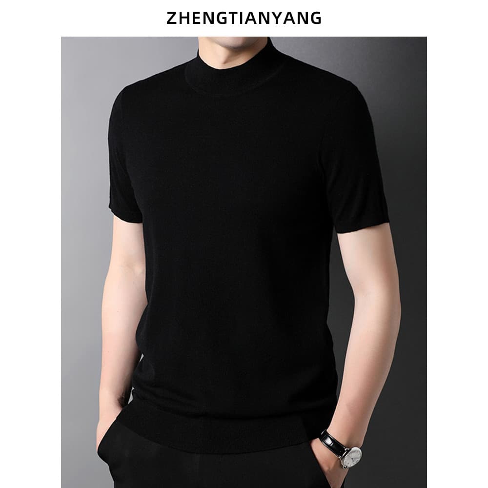 Meia gola alta camisola de lã pura de manga curta camisola fina masculina versão coreana Casual primavera outono All-Mat