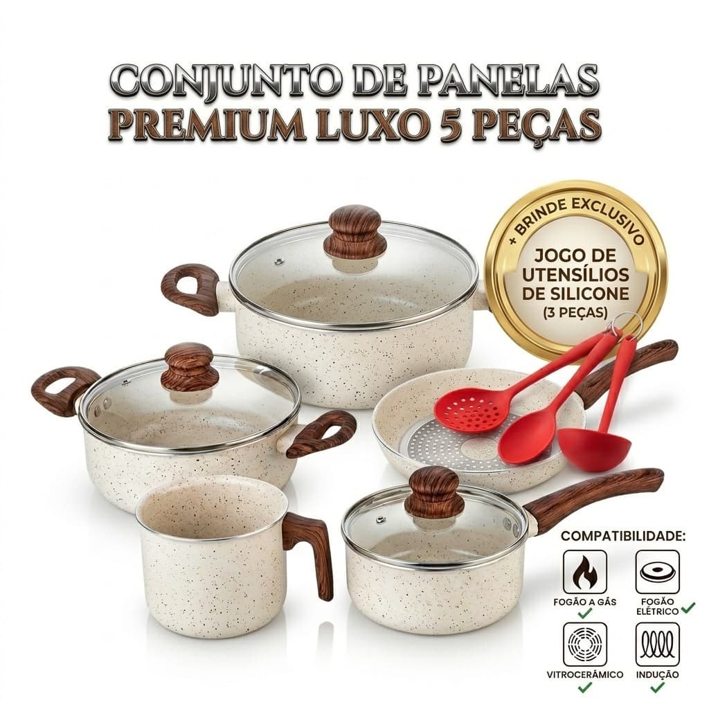 Jogo de Panelas 5 Peças  Antiaderente Fogão à Gás e Indução + um Super Brinde silicone