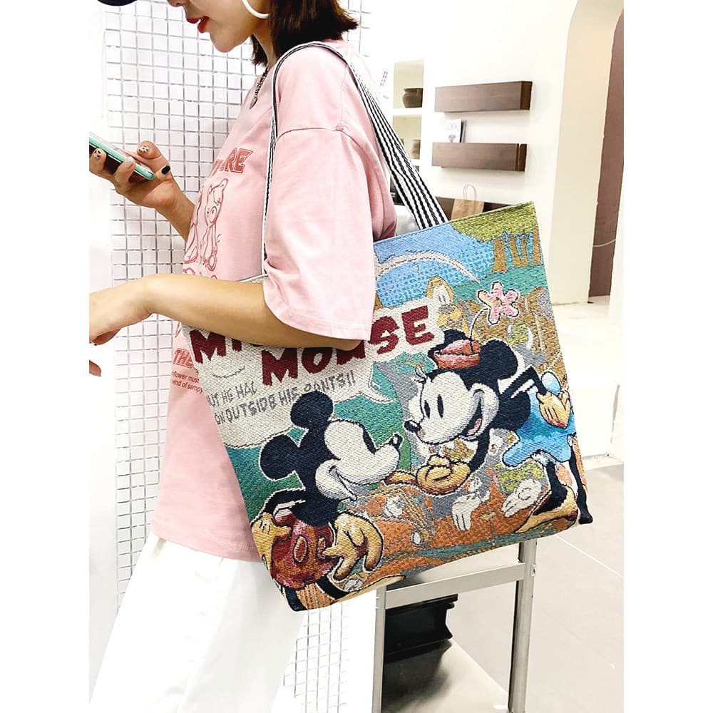 Bolsa de lona feminina moda Casual bolsa de ombro trabalho sacola sacola sacola de lona dos desenhos animados saco borda