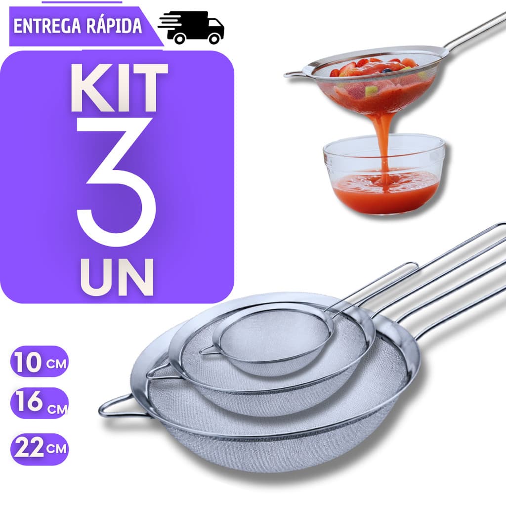 KitS 3 Peneiras Aço Inox Multiuso 10 16 22 cm Para Coador Alimentos Utensilios de Cozinha Peneira Inoxidavel