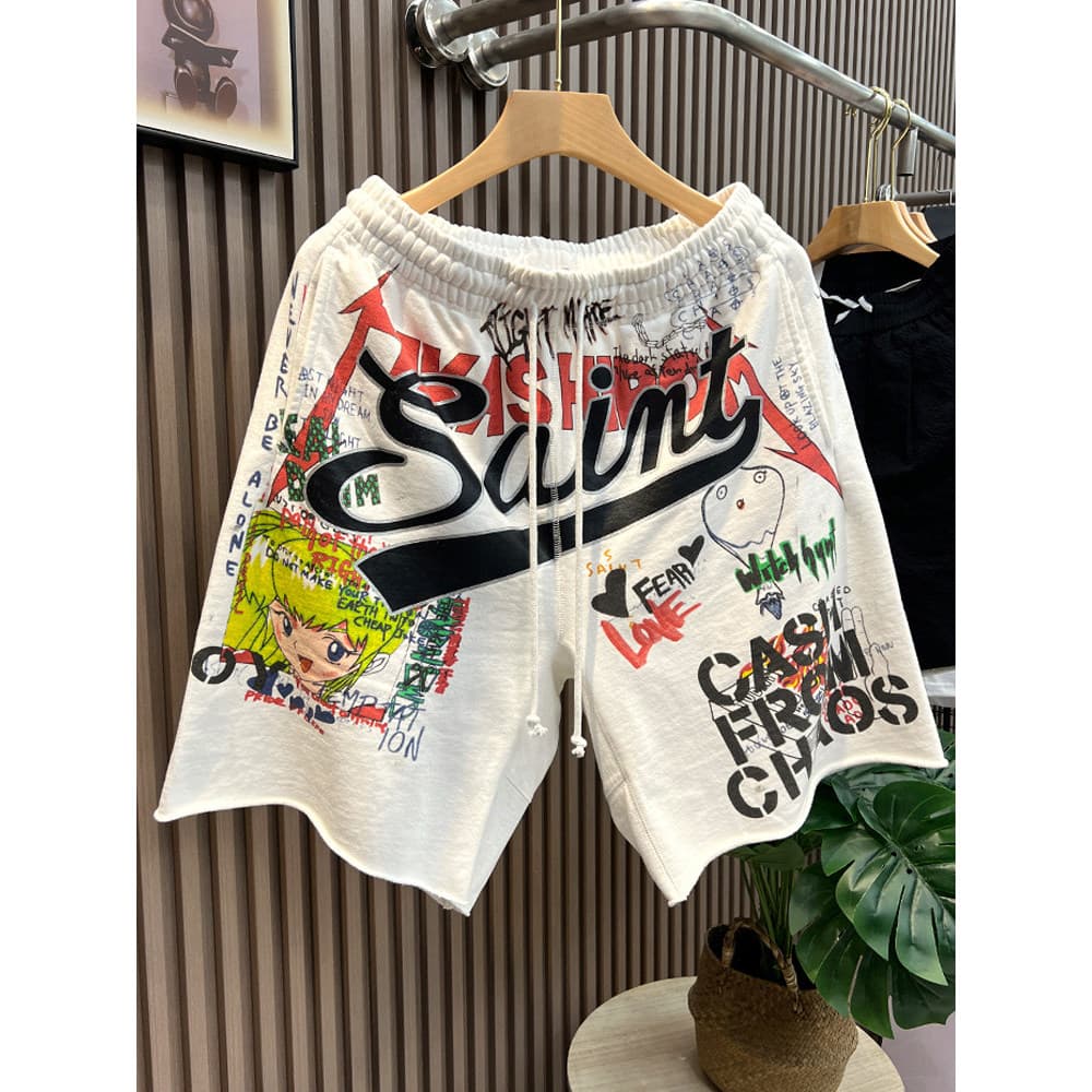 Shorts masculinos verão street Wear americano dos desenhos animados Anime High street Hip Hop solto cordão cintura elást