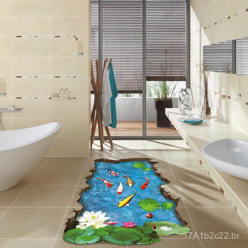 Adesivo de parede 3D realista com lótus e peixe koi para pisos e azulejos cerâmicos no quarto 9219