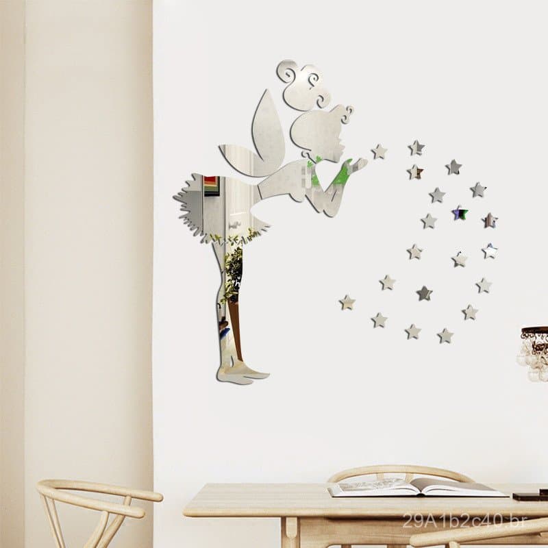 Adesivo de Parede Espelhado 3D Fada Anjo Estrela 60x33cm + 30 Estrelas de 3cm