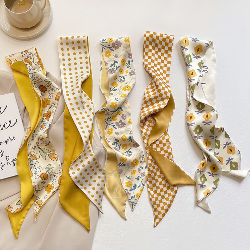 Estreito longo tira amarelo pequeno lenço de seda primavera verão moda bandana lenço gravata saco decoração feminino All
