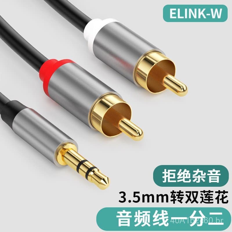 Cabo de áudio 1 para 2 de 3,5 mm para conexão de áudio RCA dupla para computador e celular.