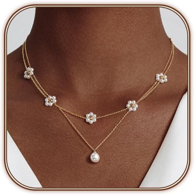 Conjunto de Colar de Pérolas Douradas para Mulheres, Banhado a Ouro 14K, Gargantilha de Pérolas com Margaridas Fofas