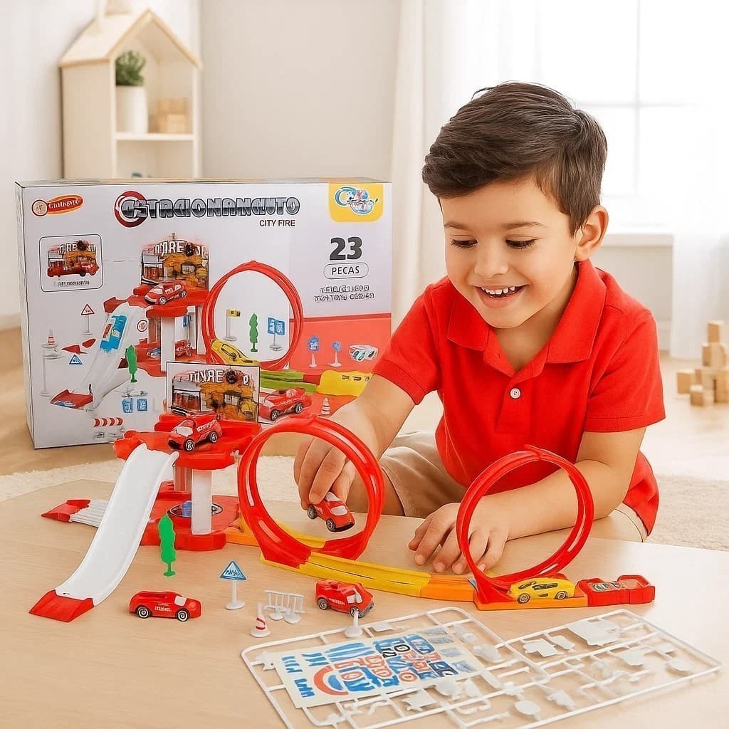 Pista Resgate Bombeiro Brinquedo Veículos Ambulância Garagem 3 Carrinhos Criança