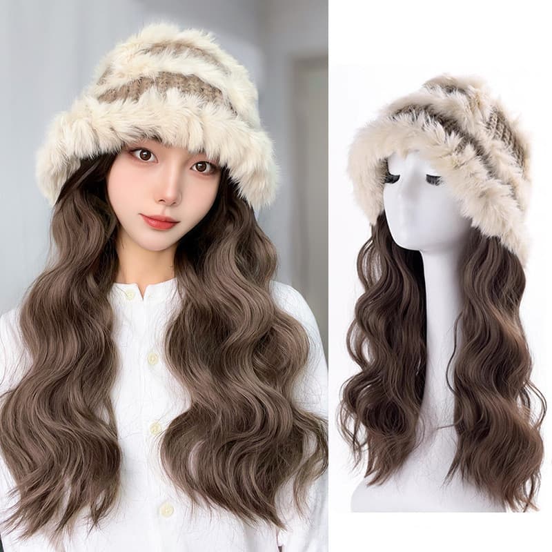 Chapéu peruca uma feminina inverno moda quente chapéu de malha ondulação de água longo cabelo encaracolado simulação Nat