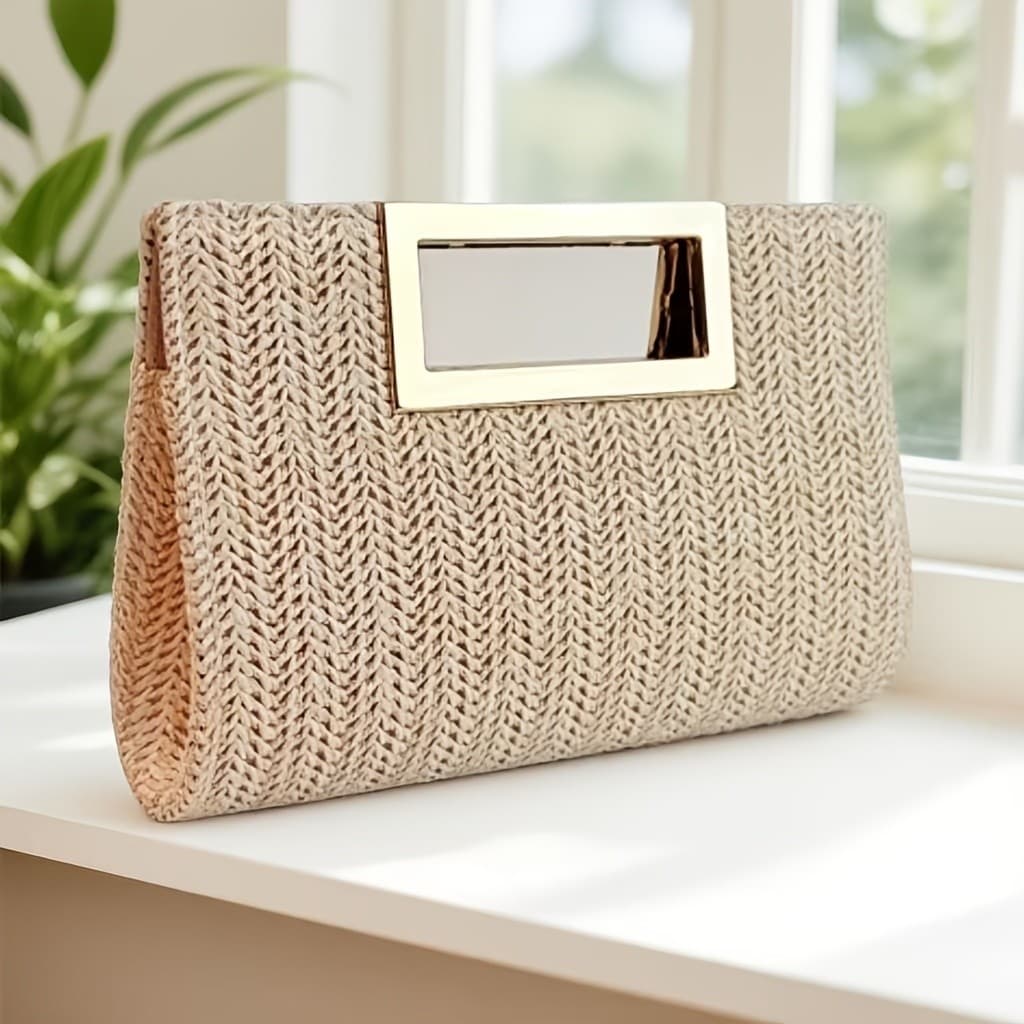Bolsa elegante de tecido listrado - com alça de metal e corrente removível para usar no ombro, é uma bolsa de praia vers