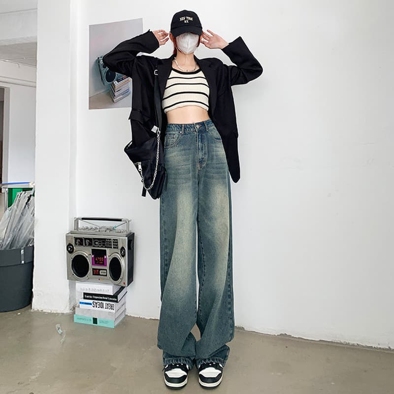 [Perfil] Calça Jeans americana retrô desgastada nostálgica lavagem água cintura alta calça larga feminina calça reta