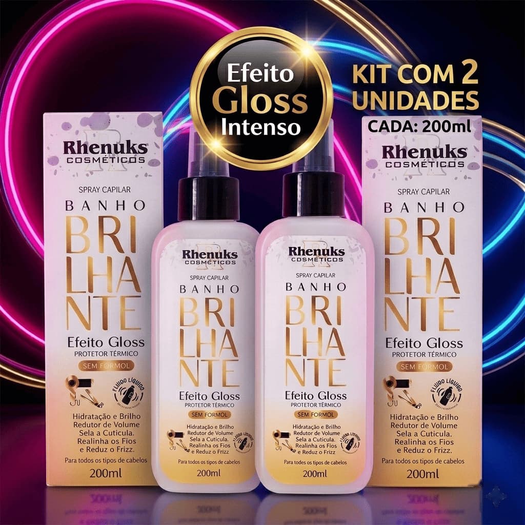 Kit 2 Spray Banho Brilhante Rhenuks Efeito Gloss Selagem Capilar 200ml Protetor Termico