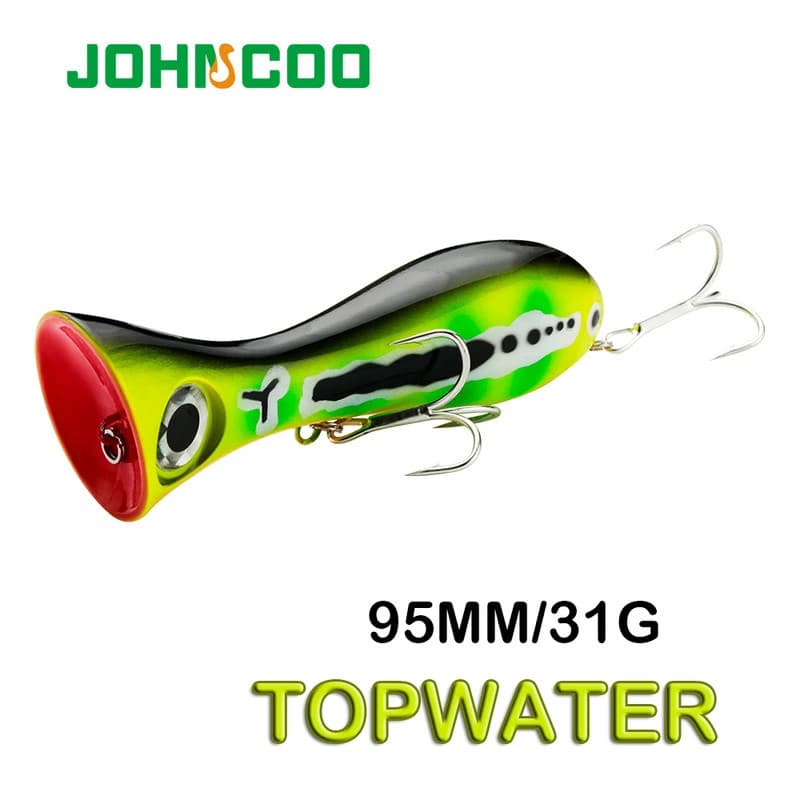 Isca de Pesca JOHNCOO 9.5cm/31g Isca de Superfície Popper Isca Dura Artificial Wobblers Design 3D 2 Anzóis Afiados para