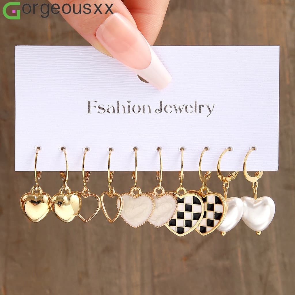 Conjunto De Brincos De Luxo Pérola Oca Metal Love Heart Earring Para Mulheres Coração Preto Branco Checkerboard Corações