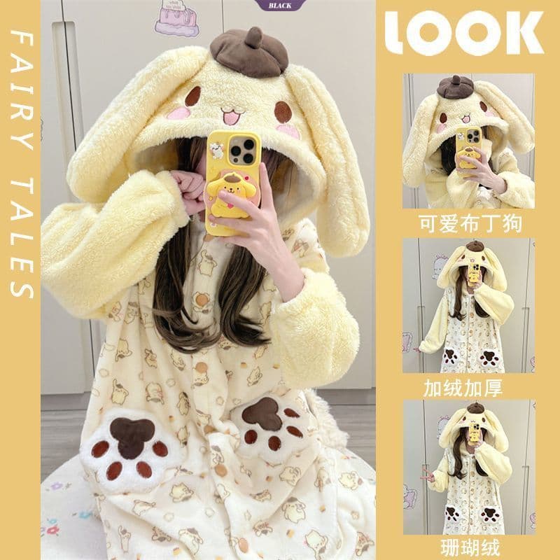 Pijama Quente De Lã Coral Fofo De Desenho Animado Pom Purin Para Mulheres Roupão De Casa Engrossado De Inverno [BL]