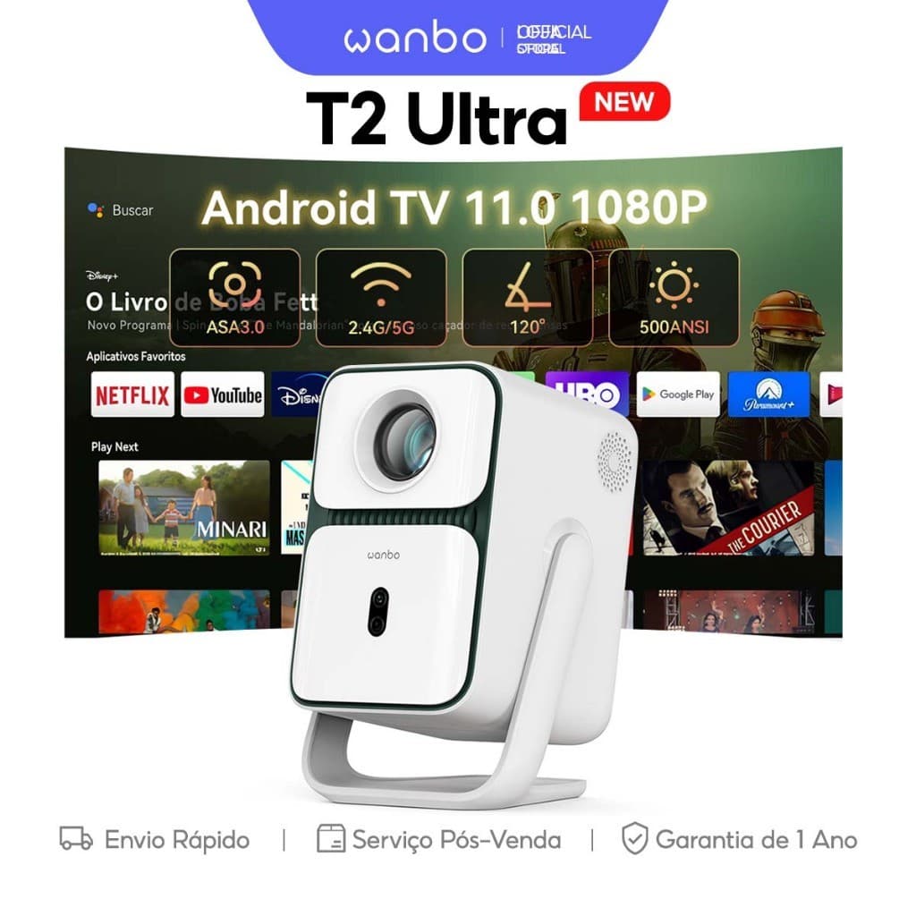 Projetor Portatil Inteligente Wanbo T2 Ultra Netflix Oficial 1080P Android TV 11.0 Silencioso 30dB ASA3.0 180 Polegadas