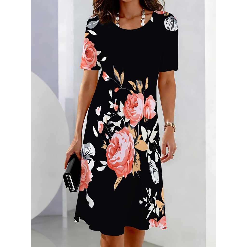Vestido Casual de manga curta, Design Floral rosa preto e rosa, muito adequado para passeios diários e atividades leves