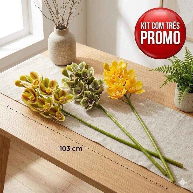 Kit Com 3 Orquídeas Cymbidium Artificiais Para Decoração de Ambientes e Arranjos em Estilo Moderno e Elegante