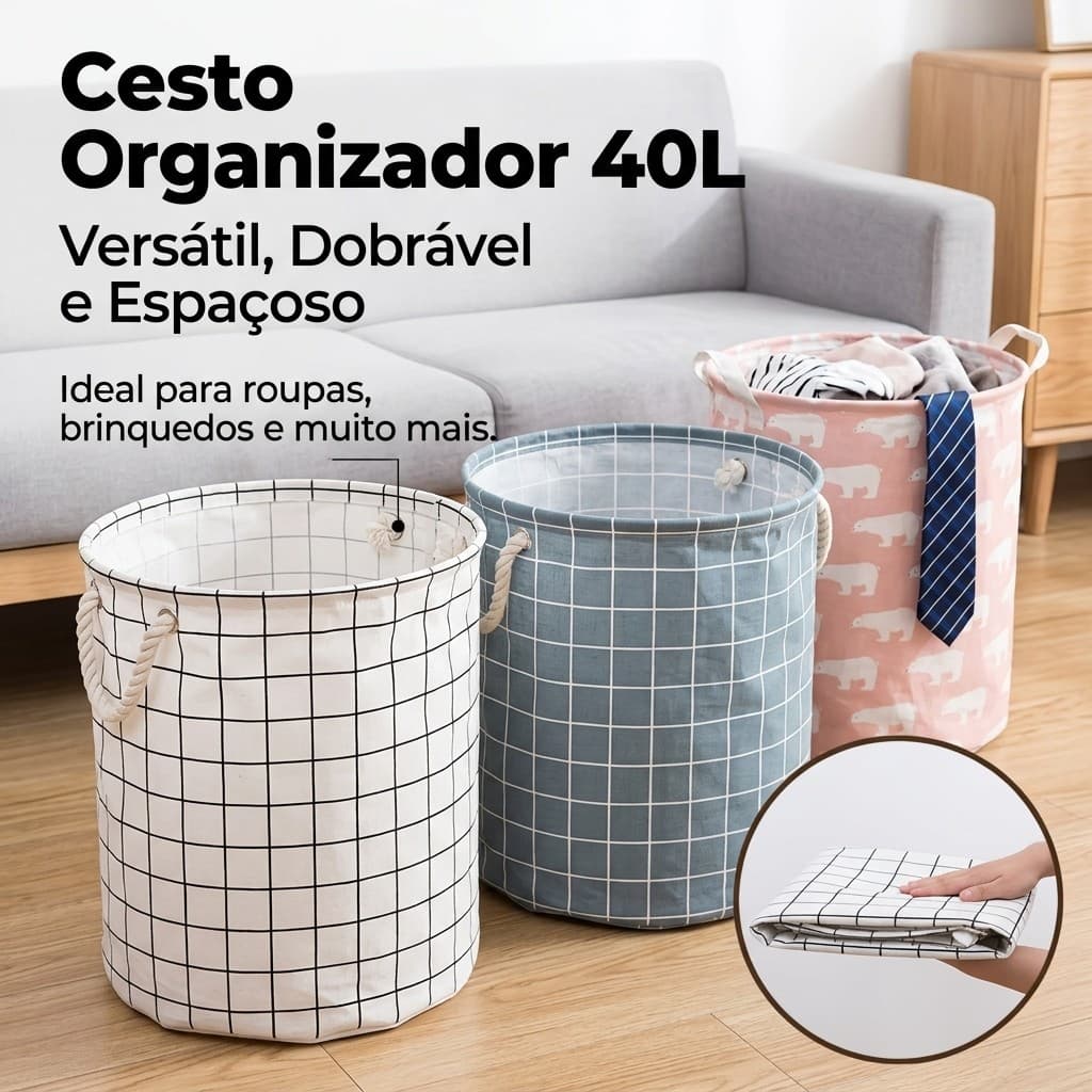 Cesto 35cm x 45cm Organizador Brinquedo Roupa Multiuso Dobrável de 40 litros