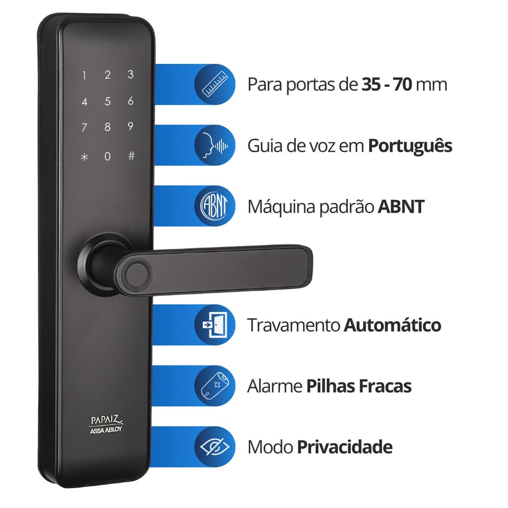 Fechadura Digital Papaiz Fit Lock Preta Biometria 360 Senha Touch Porta 35-70mm