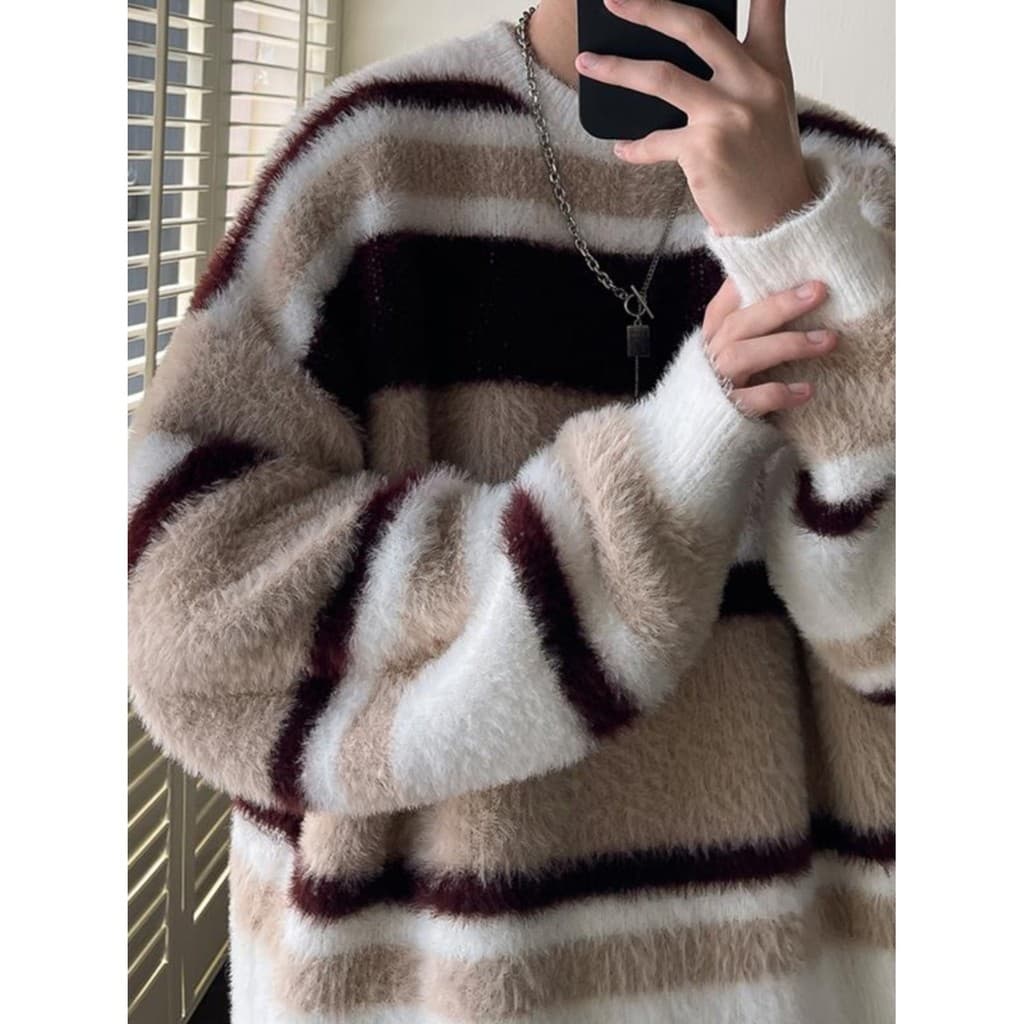 Americano Retro listrado macio ceroso camisola masculina outono inverno novo estilo preguiçoso listrado casal quente mal