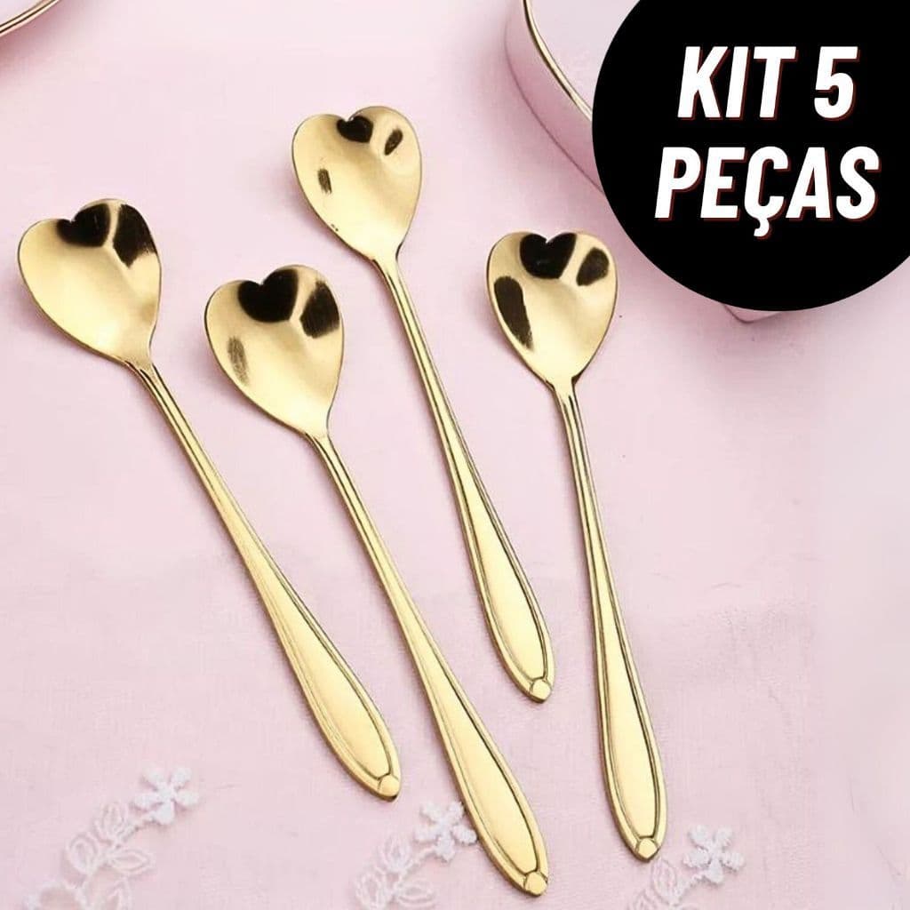 Kit 5 Colheres Coração Fofa para Cozinha Mesa Posta Douradas Café Sobremesa Chá Aço Inoxidável