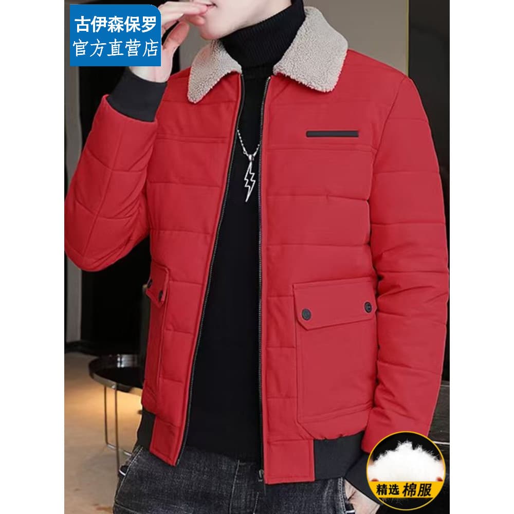 Paul Benming Ano Grande Vermelho Jaqueta Acolchoada Masculina Slim-fit Estilo Coreano Jaqueta Imitação de Cordeiro Para