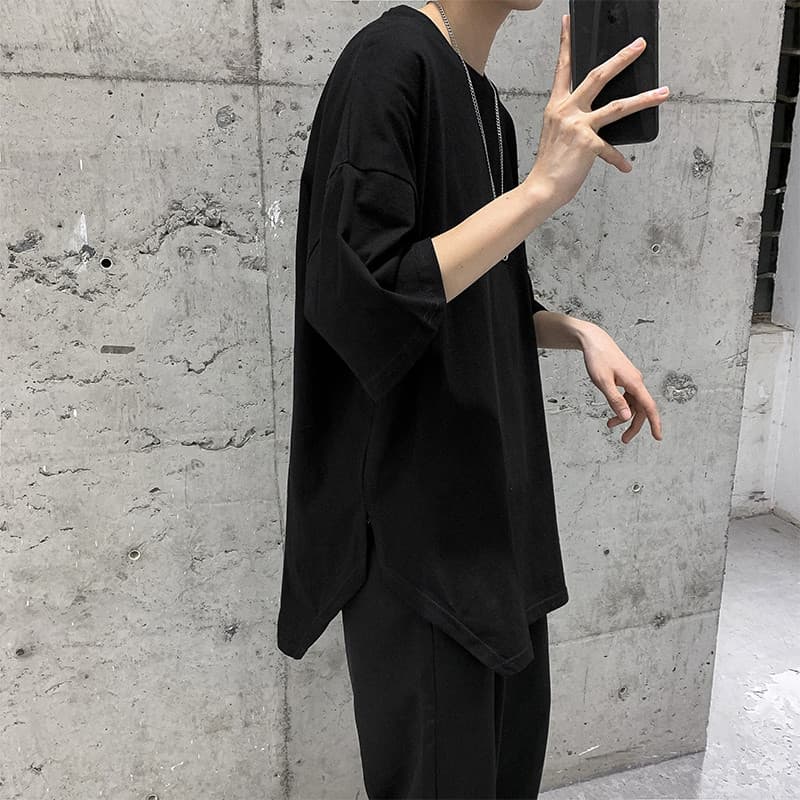 Camiseta masculina de manga curta de verão Influencer Street Wear ins Mangas soltas de três quartos All-Match bf Harajuk