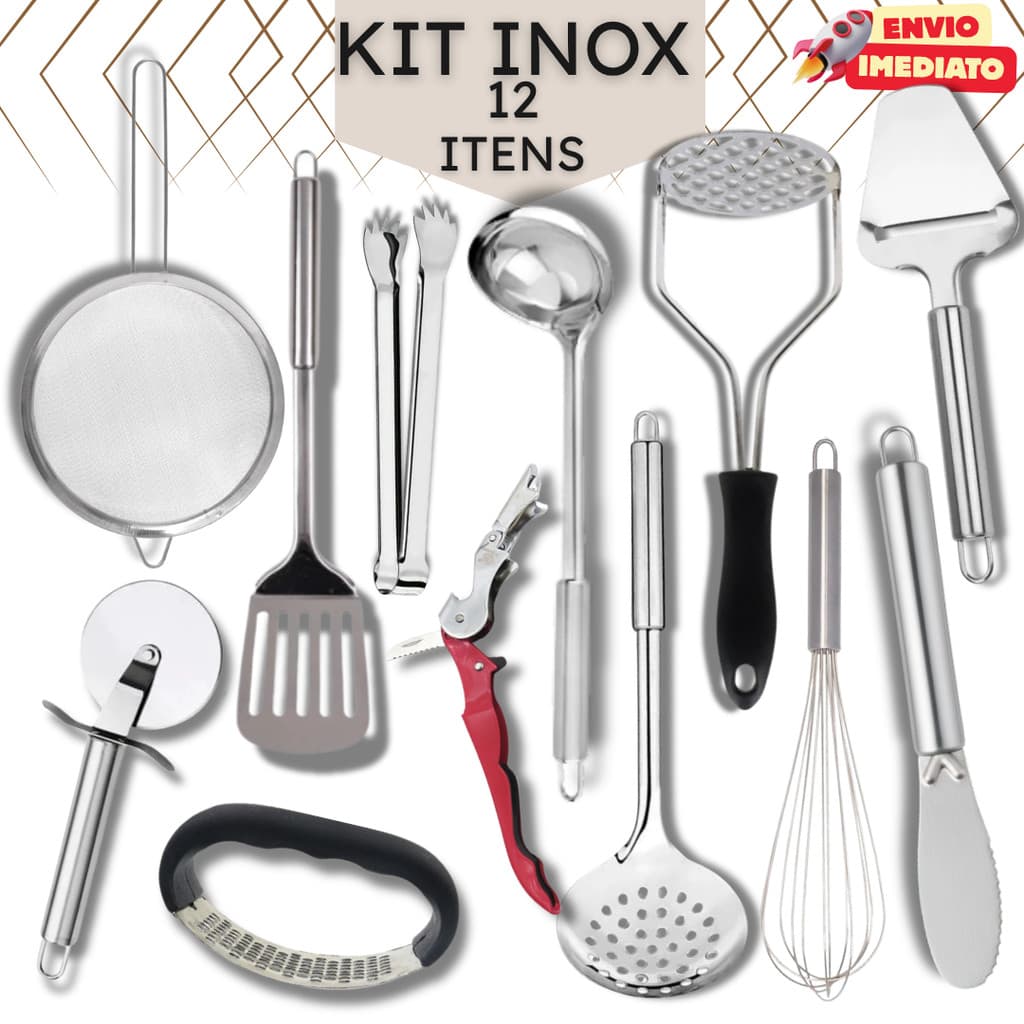 Cozinha Inox 12 Peças: Jogo Utensílios Completo, Amassador, Saca Rolhas, Concha, Pizza e Fuê - Presente Casamento Kit