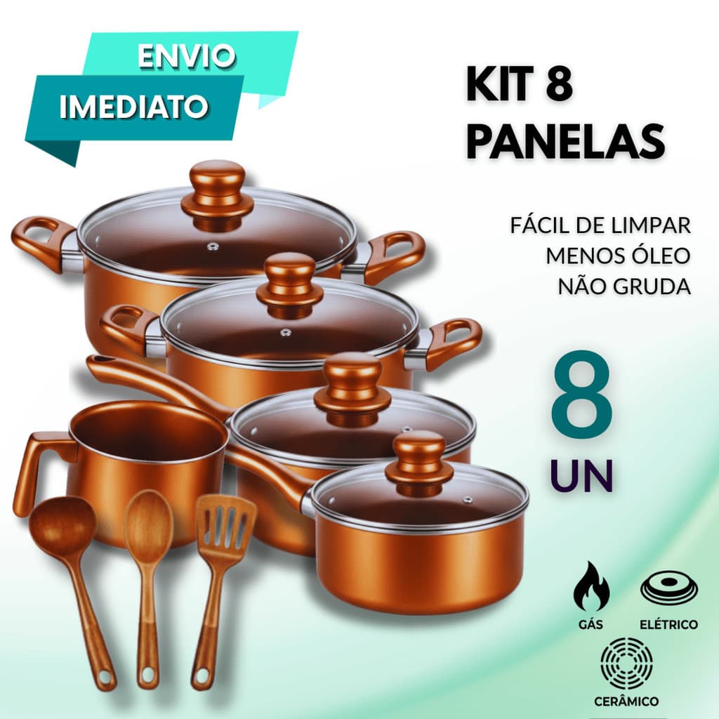Jogo De Panelas 8 Peças Cerâmico Menos Óleo + Utensílios 30cm Revestimento Cerâmico