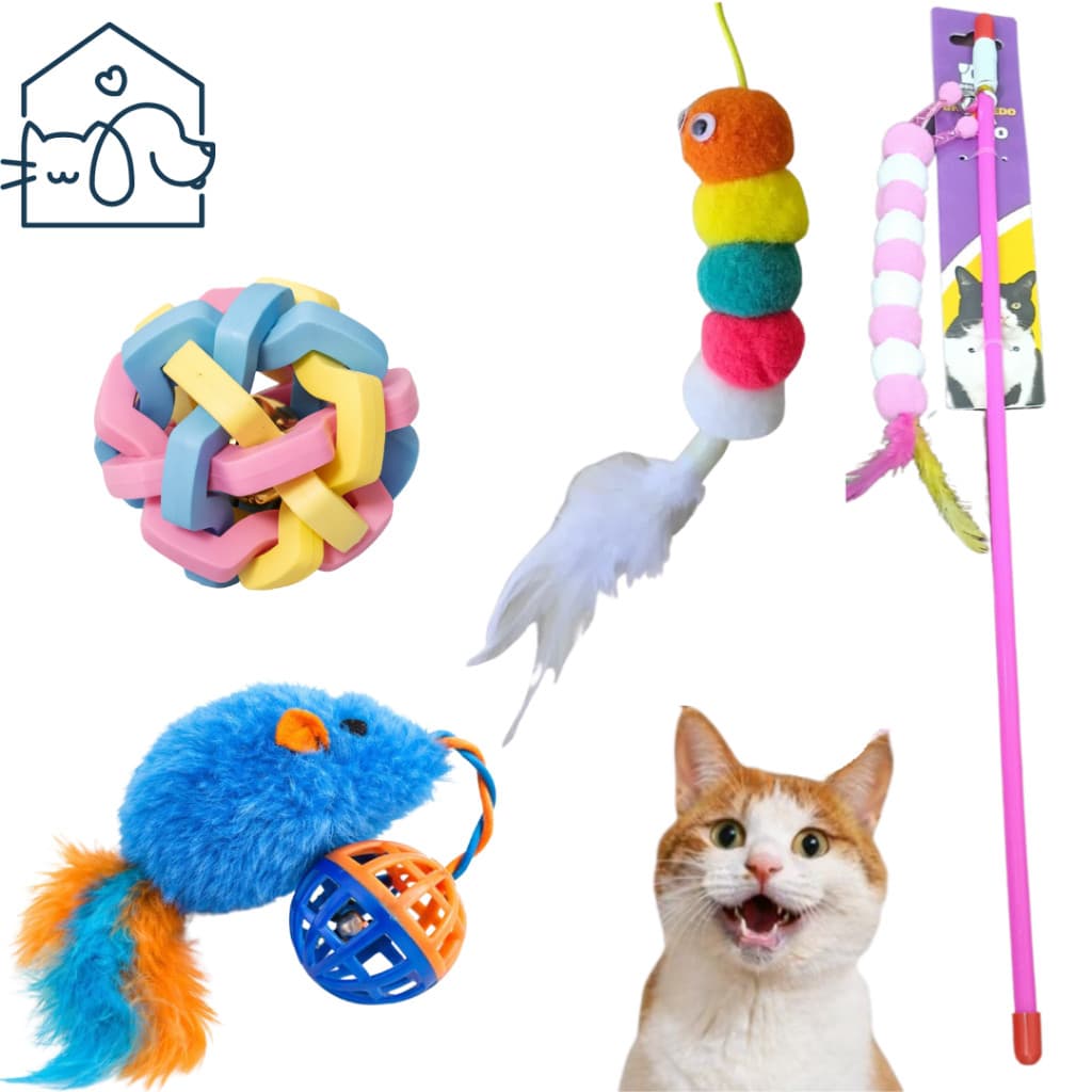 Kit Brinquedo Para Gato Interativo Varinha Bolinha e Pelúcia