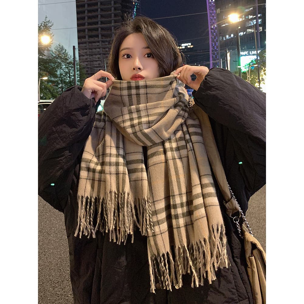 Lenço verificado feminino outono inverno 2026 novo estilo versão coreana engrossado quente High-End All-Match xale babad