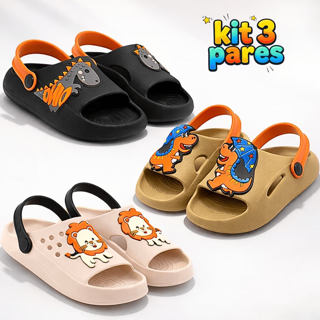 Kit 3 Pares Sandália Papete Infantil Menino Confortável