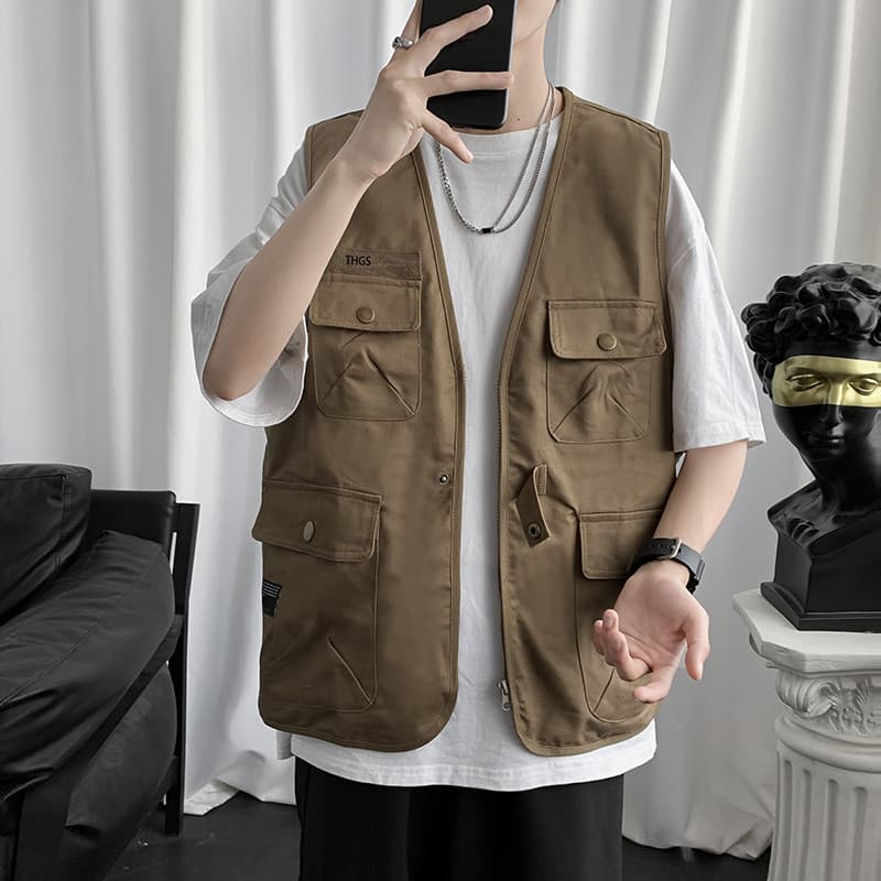 Japonês Multi-bolso ferramentas colete masculino verão rua Wear solto colete topo ins rufião bonito Casual colete jaquet