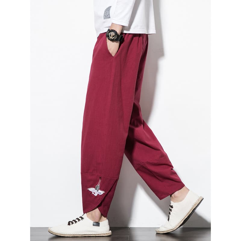 Estilo chinês masculino algodão linho bordado calças casuais Retro solto calças de perna larga verão linho Harem calças