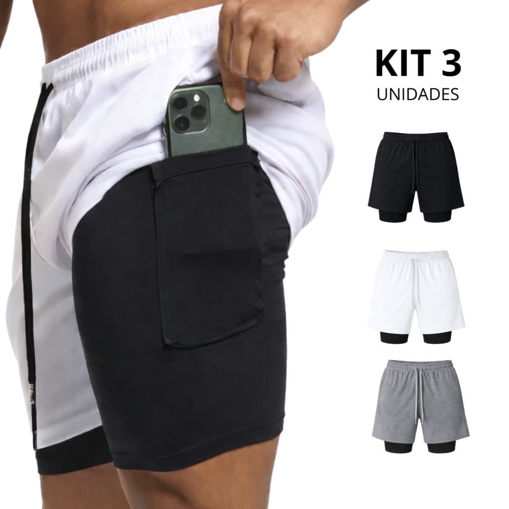Kit 3 Shorts Masculino 2 em 1 Com proteção Uv+20 sport revolution bermuda para treinar sports