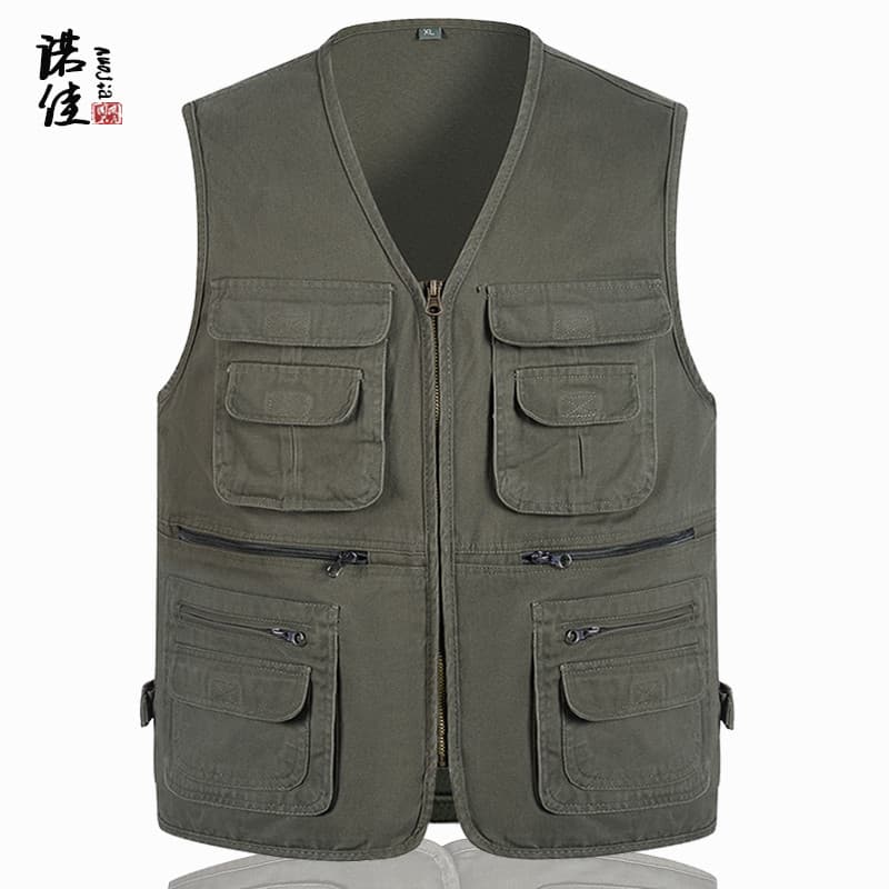 Primavera outono fino de meia-idade idosos colete masculino puro algodão Multi-bolso colete pai zíper Casual colete de p