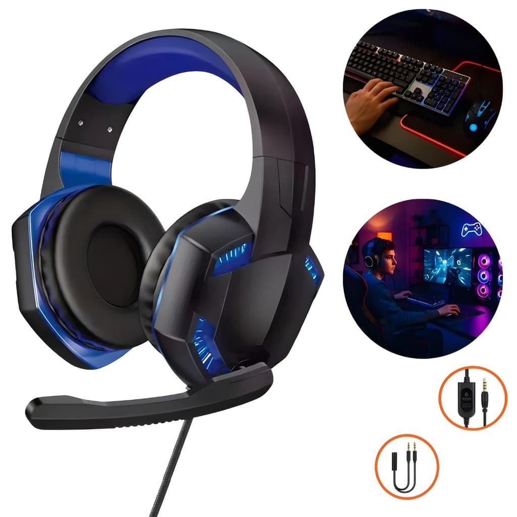 Fone De Ouvido Headset Gamer Led Pc Vídeogame Cor Azul