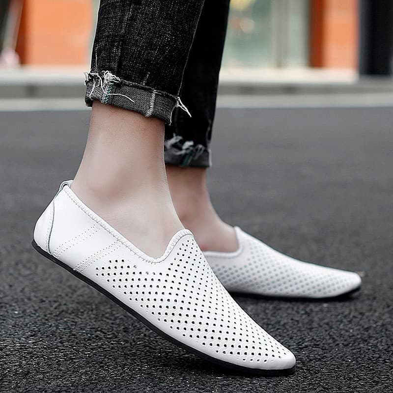 Ervilhas sapatos masculinos de couro genuíno verão respirável Casual apontou Toe oco sapatos de couro na moda sola macia