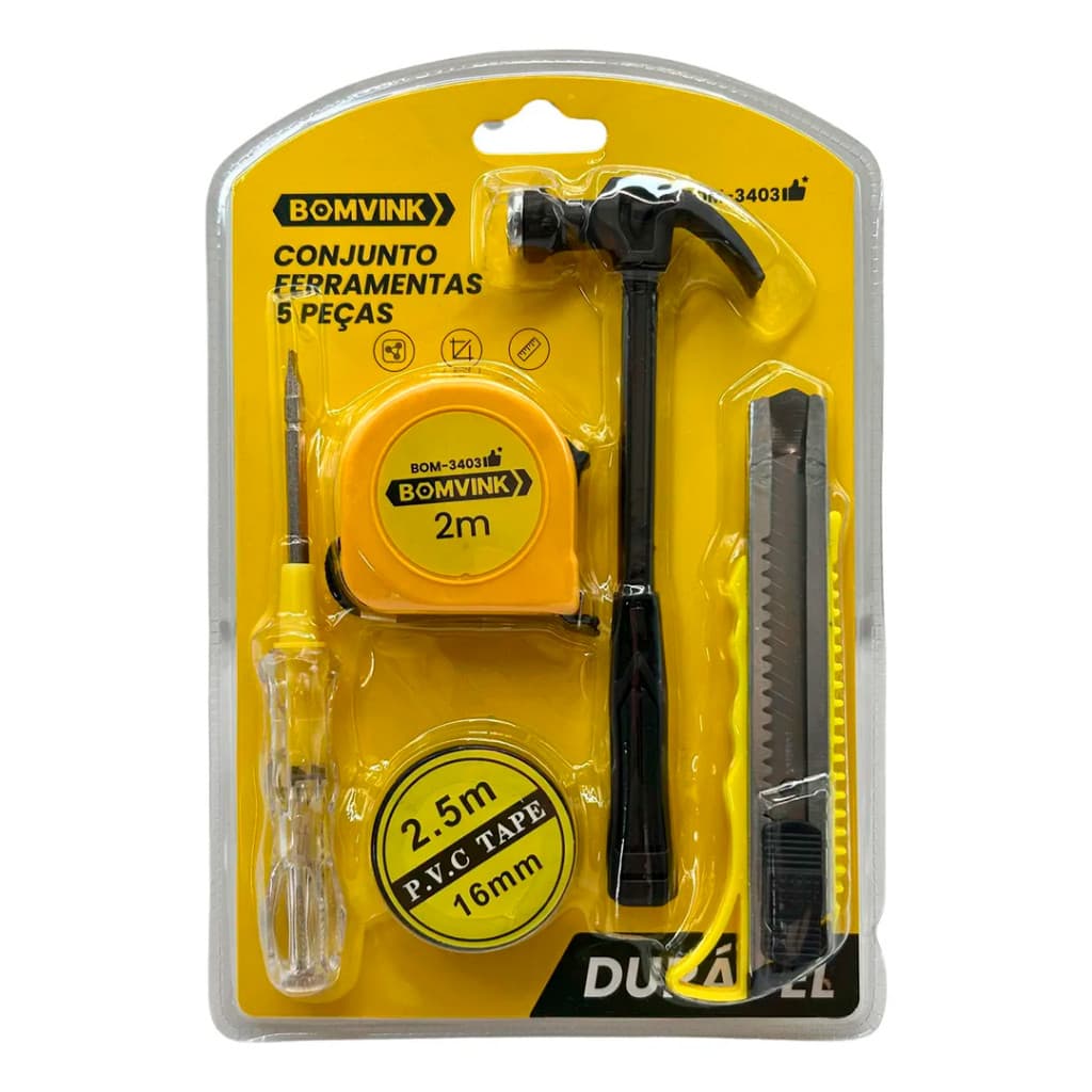 Kit Ferramentas 5 Peças  BOM-3403 | Trena, Estilete e Essenciais para Casa