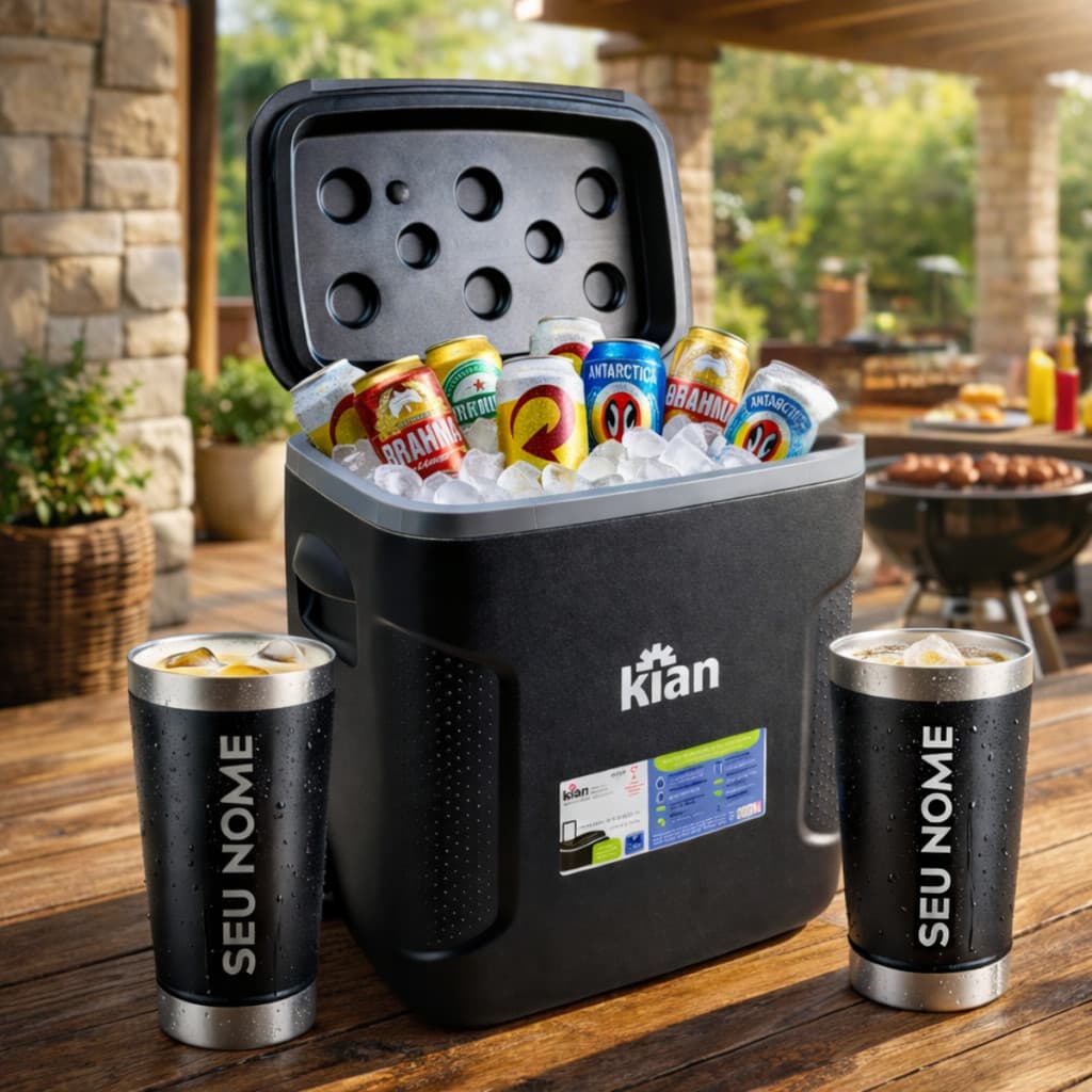 kit Caixa Térmica Pu 54L Com Rodas Alças Porta Copos e 2 Copos termicos Personalizados Com seu Nome