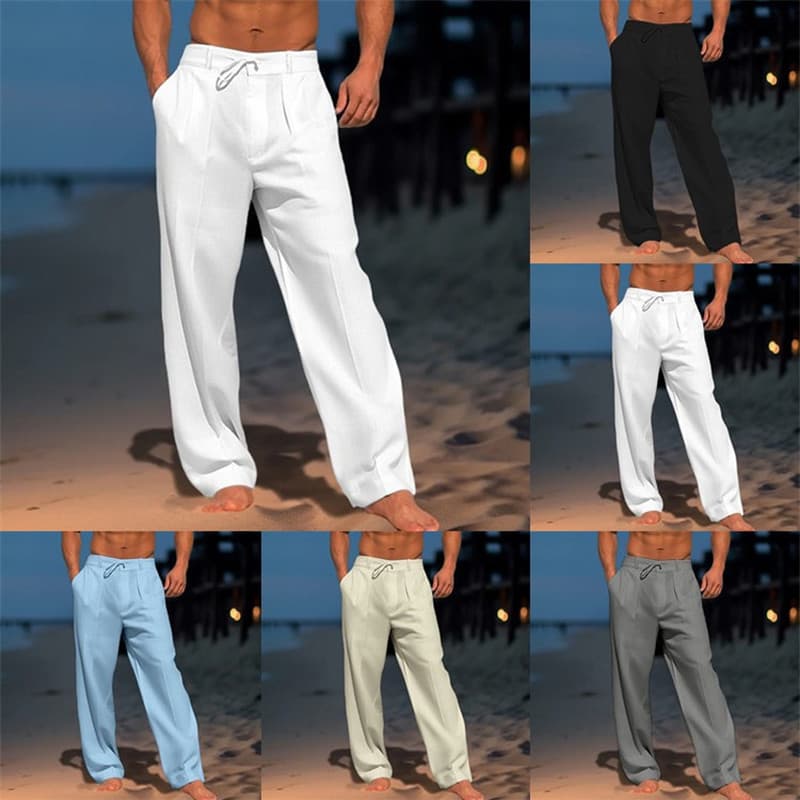 Calças de linho masculinas verão praia calças bolso frontal cor sólida confortável respirável Casual férias diárias esti